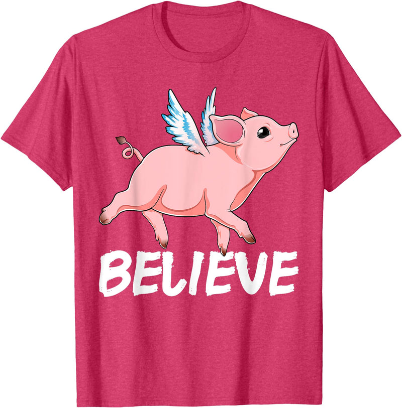 GoshWow Flying Pig Believe Pigs Fly Believe Idiom Motivational T-Shirt - Red Heather