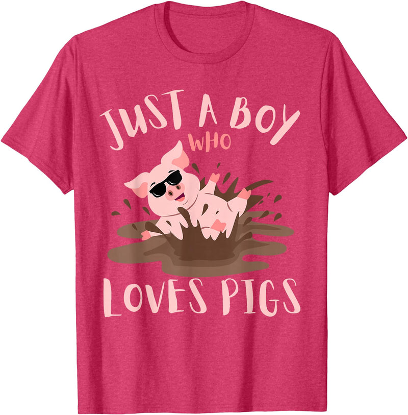Funny Pig Lover Farm Animals Just A Boy Who Loves Pigs sunglasses In the Mud Kids Boy T-Shirt - Red Heather