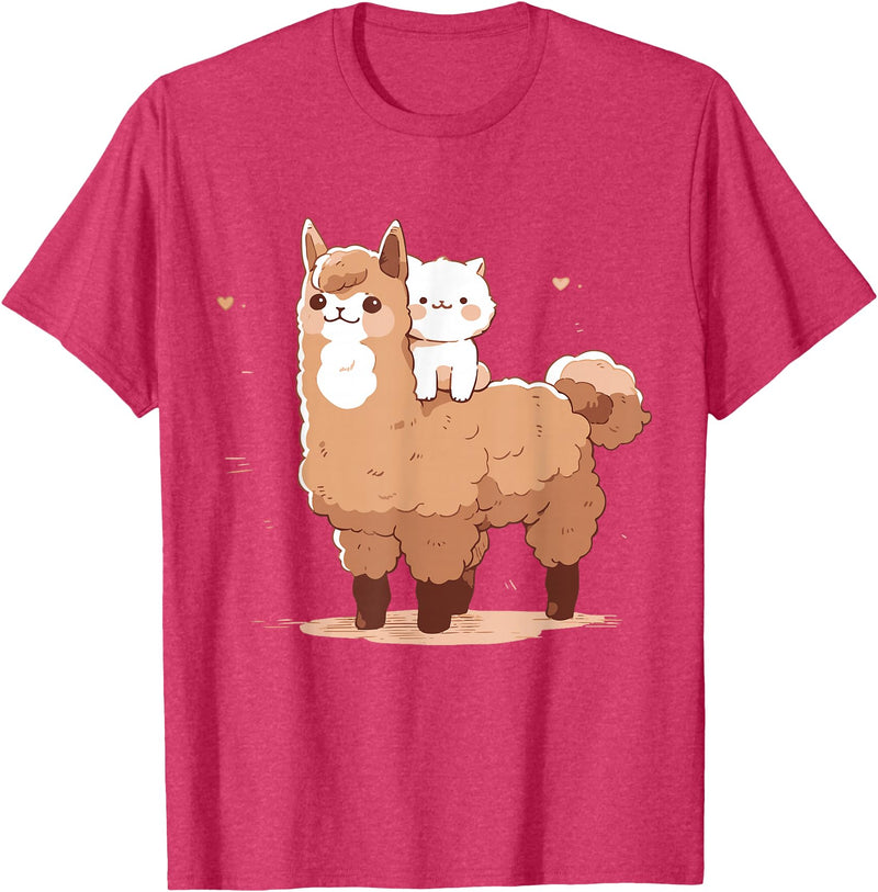 Funny Llama Alpaca Animal Lover Gifts Clothing Llama Alpaca Cat T-Shirt - Red Heather