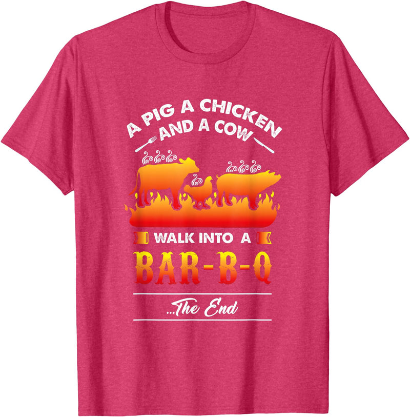 anti vegan shirt I funny bbq bacon fans A Pig, A Chicken, And A Cow Walk Into A Barbecue Bar-B-Q T-Shirt - Red Heather