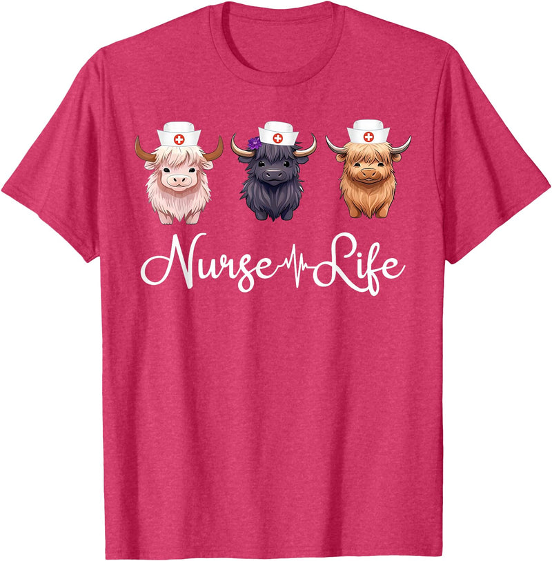 Highland Cow Nurse Life Costume Cute Highland Cow Nurse Life Farm Animal Lover Nursing T-Shirt - Red Heather