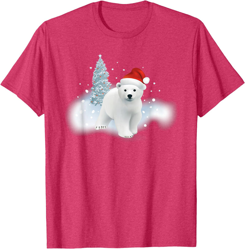 Happy Holiday Season Snow Gifts For Women Cute Christmas Polar Bear Red Santa Hat Lighted Tree Snow T-Shirt - Red Heather