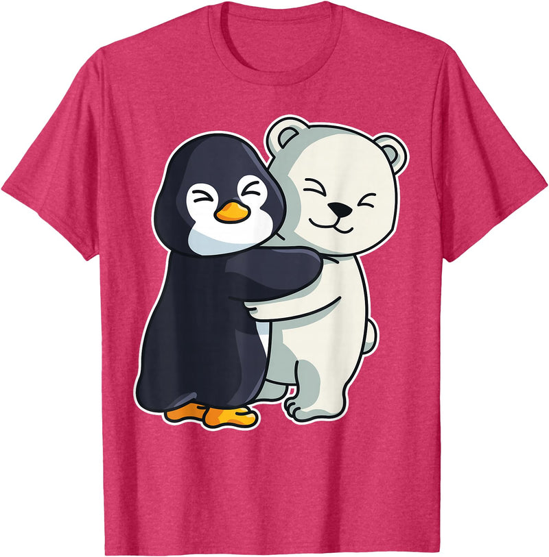 Penguin and Polar Bear Hug Arctic Animal Polar Bear and Penguin Cute North Pole Animals Hugging T-Shirt - Red Heather