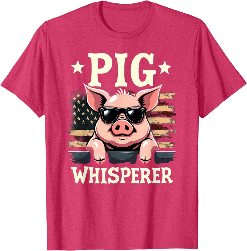 Patriotic 4th Of July Pig Farmer Farming Tees US Flag Hog Farmer Pig Whisperer T-Shirt - Red Heather