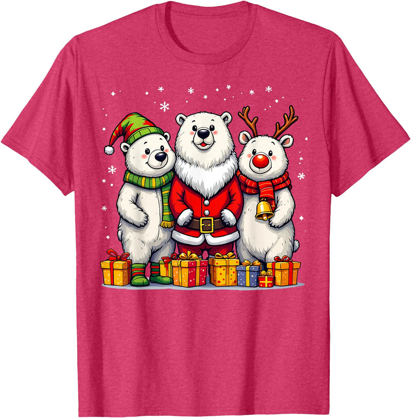 Christmas Polar Bear Santa Elf Reindeer Holiday Cute Christmas Polar Bears in Santa Elf and Reindeer Costume T-Shirt - Red Heather