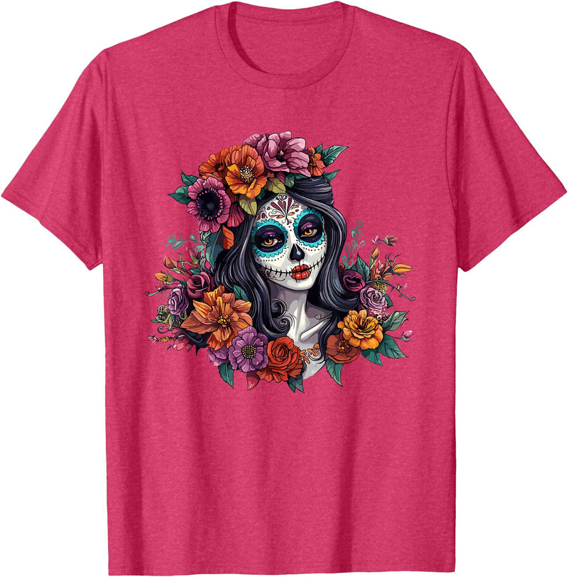 Sugar Skull Dia De Los Muertos Floral Skull Day of The Dead Sugar Skull Woman Floral Crown T-Shirt - Red Heather