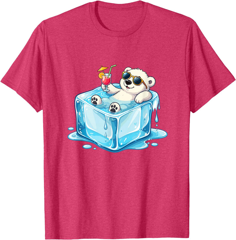 Cool Polar Bear Summer Vibes Chill Ice Cube Lazy Polar Bear in Ice Cube Tropical Cocktail T-Shirt - Red Heather