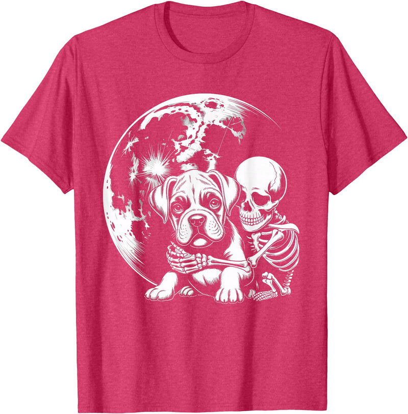 Cute Skeleton Boxer Dog Halloween Women Men Skeleton Hugging Dog Halloween Boxer Lover Mom Dad T-Shirt - Red Heather