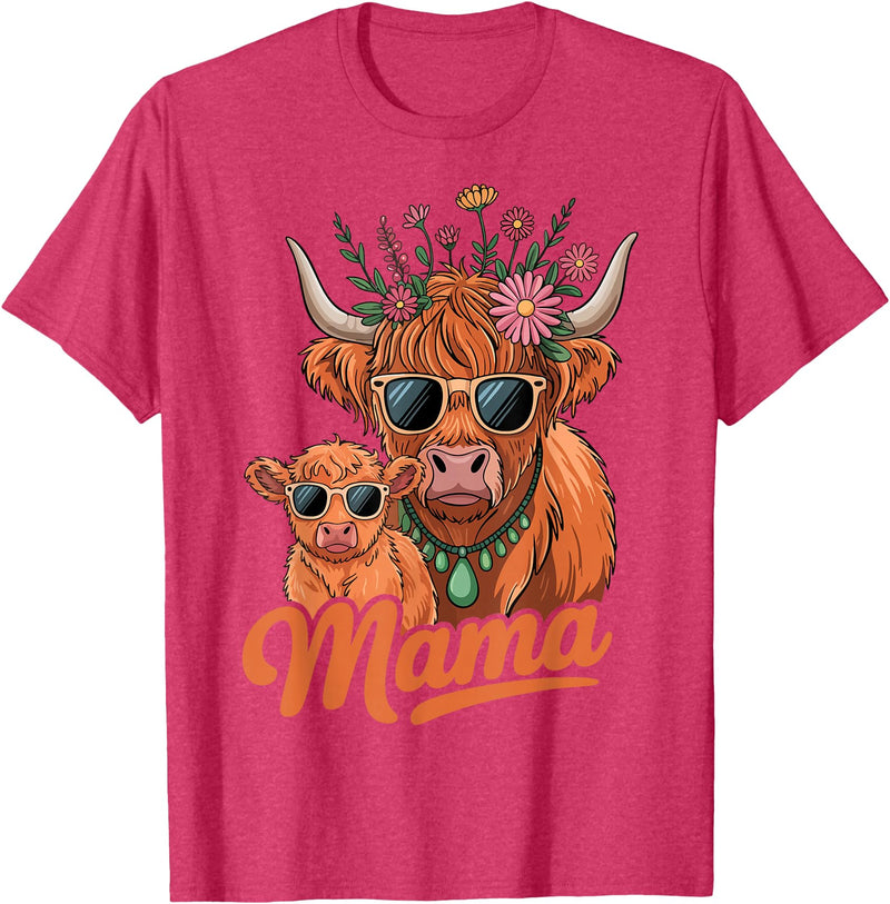 Scottish Farm Matching Mom Daughter Highland Cow Highland Cow Mama Mom Baby Calf Daughter Floral Mothers Day T-Shirt - Red
