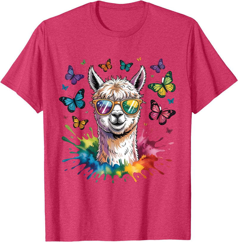 Funny Llama Lover Graphics Cute Llama with Sunglasses Animal Art Graphic Funny Alpaca T-Shirt - Red Heather