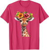 Aesthetic Giraffe Art Cute Floral Giraffe With Flower Crown T-Shirt - Red Heather