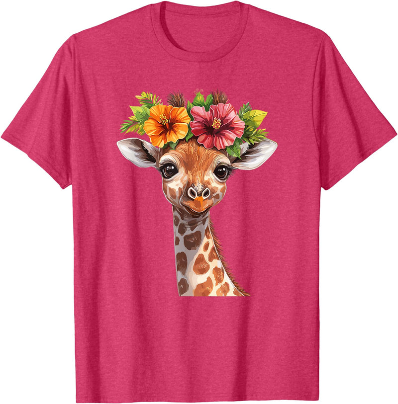 Aesthetic Giraffe Art Cute Floral Giraffe With Flower Crown T-Shirt - Red Heather