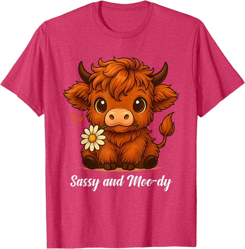Sassy Moo-dy Cute Highland Cow Tees Sassy and Moo-dy Highland Cow Funny Farm Animal Art T-Shirt - Red Heather