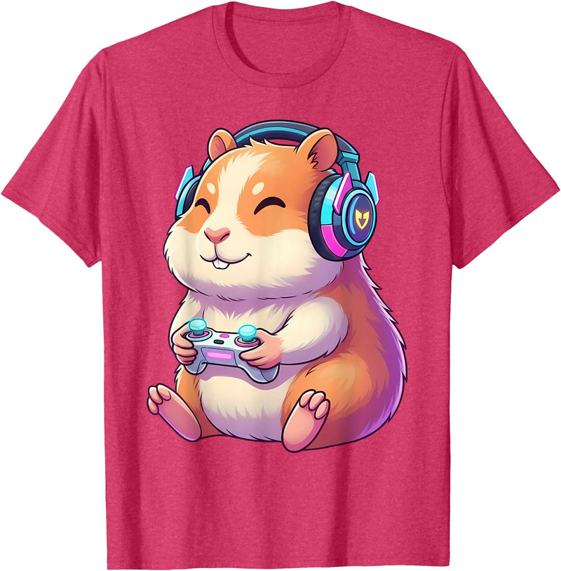 Funny Cute Hamster Gamer Adorable Video Game Animal Design T-Shirt - Red Heather