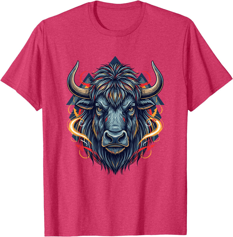 Wild Buffalo Bison Tribal Western Spirit Fierce Wild Bison Head Tribal Geometric Buffalo T-Shirt - Red Heather