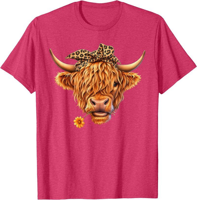 Highland Cow Lover Western Cowgirl Cowboy Farmer Cute Highland Cow Leopard Bow Bandana Western Cowboy Cowgirl T-Shirt - Red