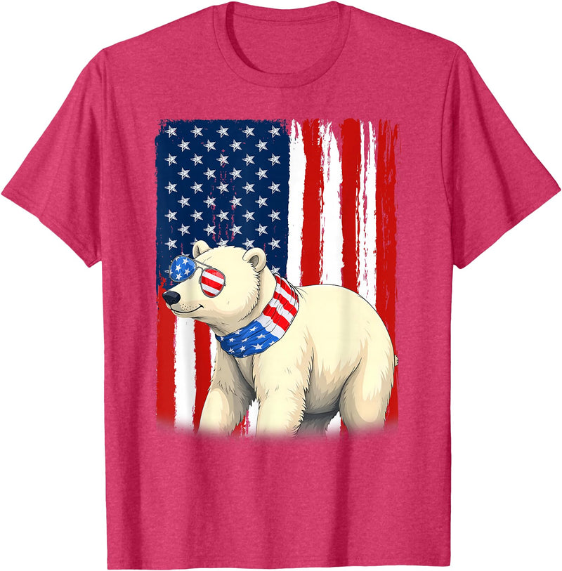 Patriotic USA Flag Polar Bear 4th of July Co. Polar Bear US America Flag Men Women 4th of July Patriotic T-Shirt - Red Heather