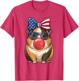 Cute Guinea Pig Bubble Gum Coquette Bow Girls Kids Patriotic Guinea Pig 4th of July Bow American Flag Girls T-Shirt - Red Heather