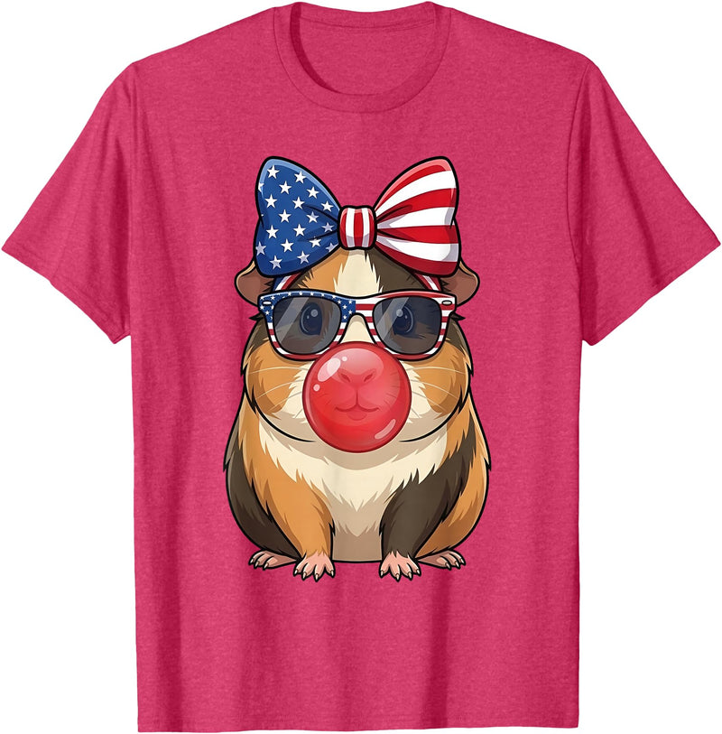 Cute Guinea Pig Bubble Gum Coquette Bow Girls Kids Patriotic Guinea Pig 4th of July Bow American Flag Girls T-Shirt - Red Heather