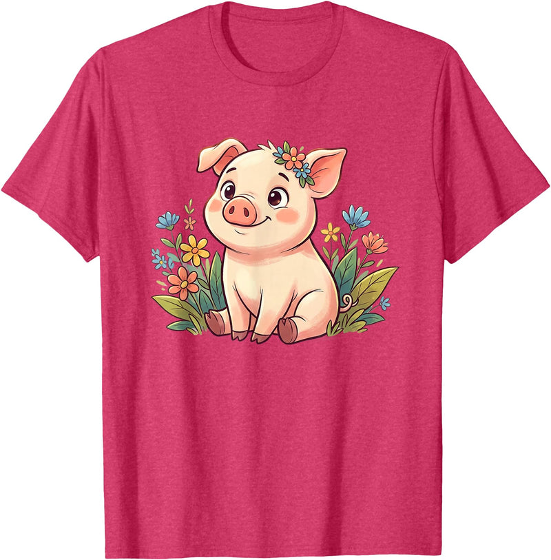 Cute Farm Piglet With Wildflowers Pastel Kawaii Baby Pig Surrounded by Colorful Flowers T-Shirt - Red Heather