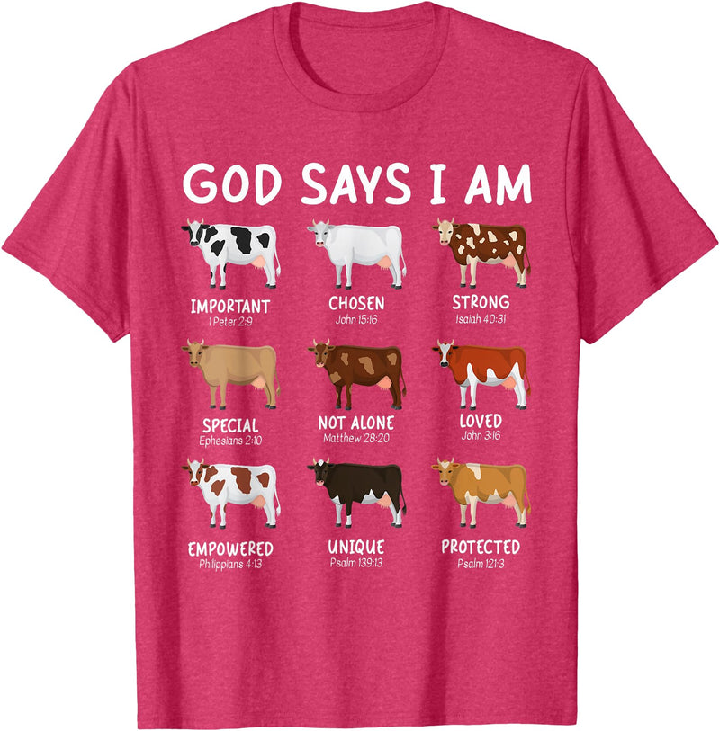 God Says I Am Christian Bible Verse Apparel God Says I Am Cute Heifer Cow Bible Verse Christian T-Shirt - Red Heather