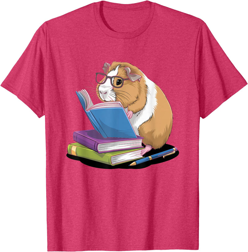 Guinea Pig Reading Books Reader Tee Guinea Pig Reading Books Bookworm Pet Lover Reader Librarian T-Shirt - Red Heather