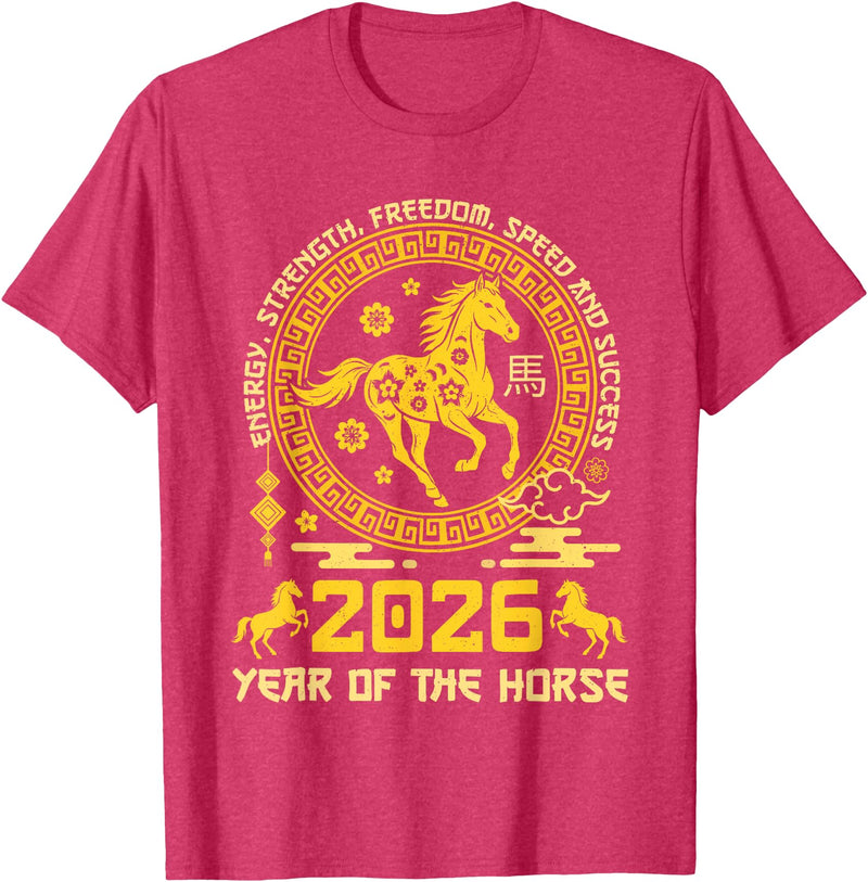 Happy Lunar Chinese New Year of The Horse 2026 Zodiac T-Shirt - Red Heather