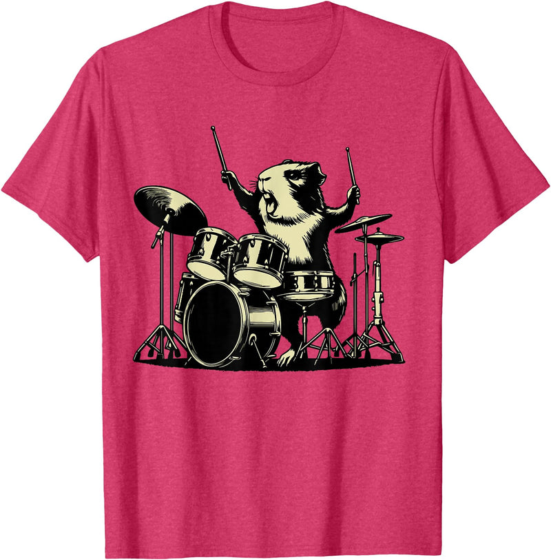 Retro Drummer Guinea Pig Lover Rock Design Guinea Pig Drummer Rock Drummer Guinea Pig Playing Drums T-Shirt - Red Heather