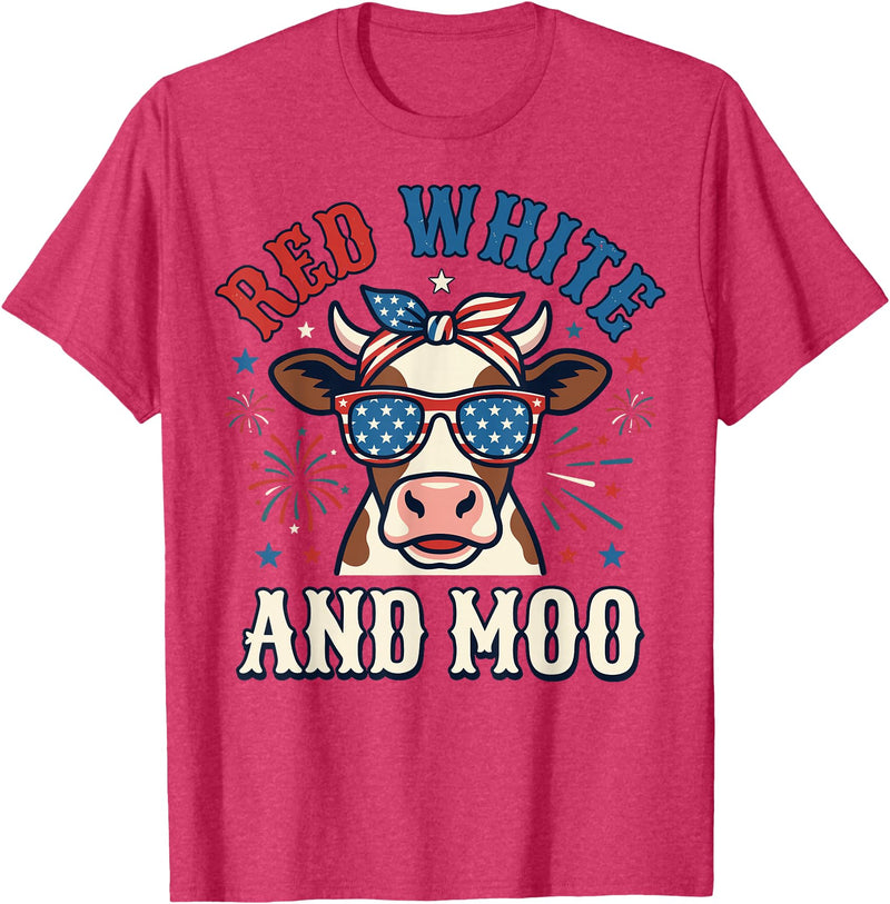 Patriotic Farm Cow Independence Day Red White and Moo Patriotic USA Flag Cow 4th of July T-Shirt - Red Heather