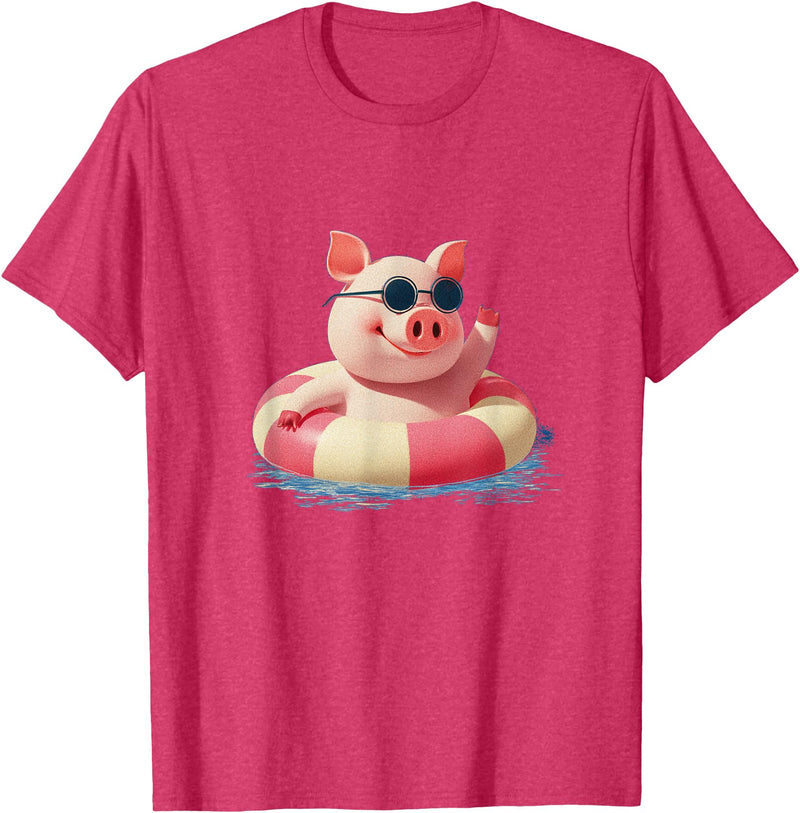 Vacation Pig Outfit Pig Sunglasses Graphic with Beach Ring T-Shirt - Red Heather