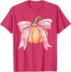Coquette Halloween Tees NYC Coquette Autumn Pumpkin Pink Bow Girly Halloween Fall Women T-Shirt - Red Heather