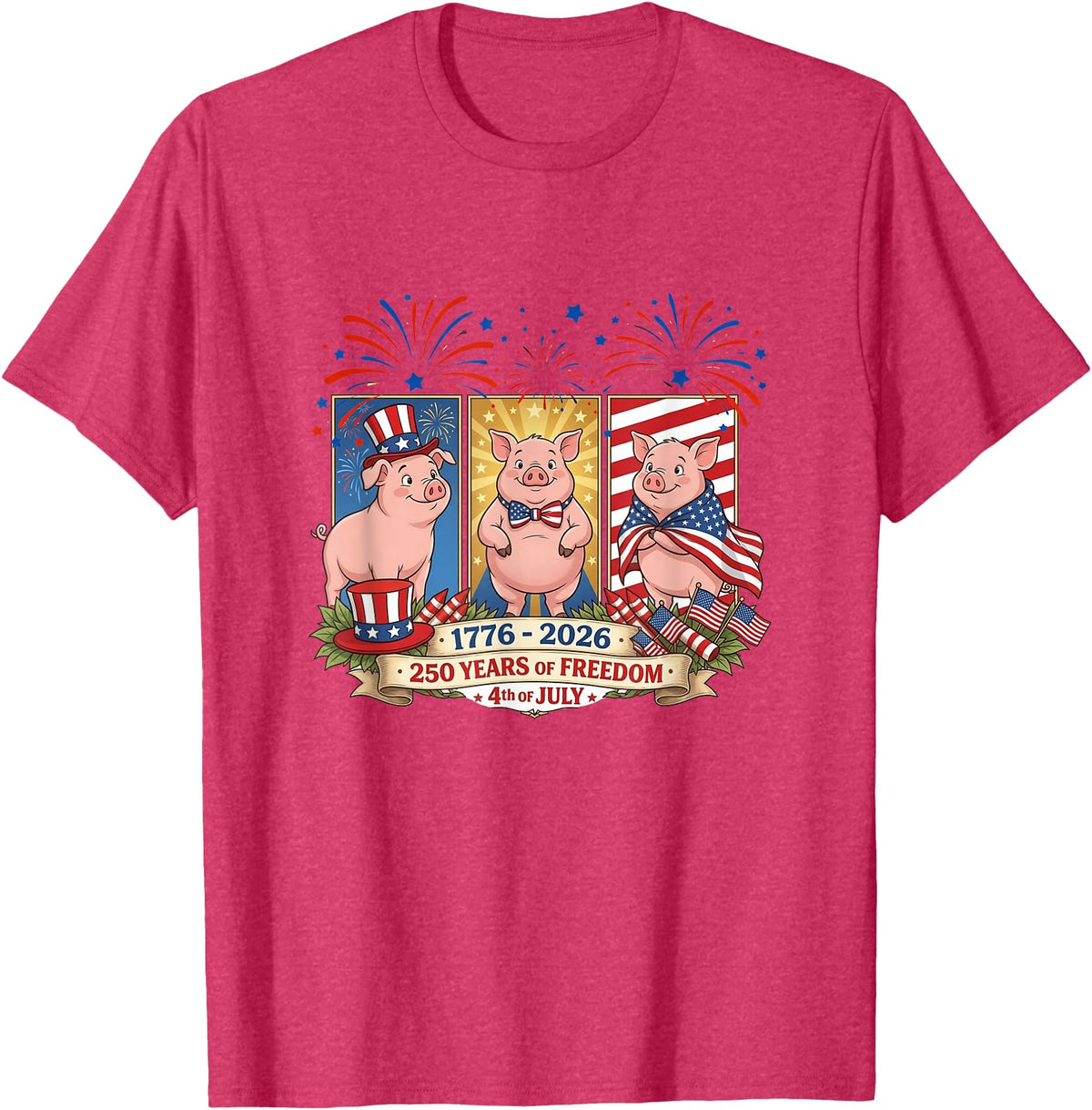 Farmer 4th Of July Costume 1776-2026 Proud 250th Freedom 4th July Three Cute Pigs T-Shirt - Red Heather