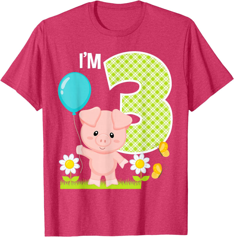 Cute Piglets Pig Barn Farm Birthday Party Supplies Pig 3rd Birthday Toddler 3 Year Old Birthday Boy Piglet Bday T-Shirt - Red Heather