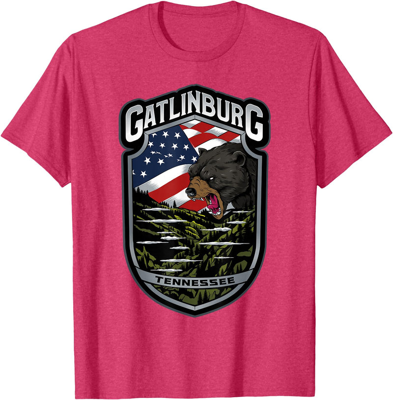 Great Smoky Mountains National Park Souvenirs Gatlinburg Tennessee Souvenirs Bears Gifts TN American Flag T-Shirt - Red Heather