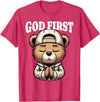 Christian Hip Hop Hustle Praying Teddy Bear Design God First Hip Hop Teddy Bear Cross Christian Streetwear Pray T-Shirt - Red Heather