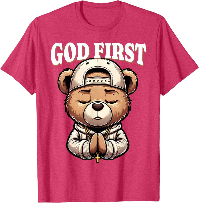 Christian Hip Hop Hustle Praying Teddy Bear Design God First Hip Hop Teddy Bear Cross Christian Streetwear Pray T-Shirt - Red Heather