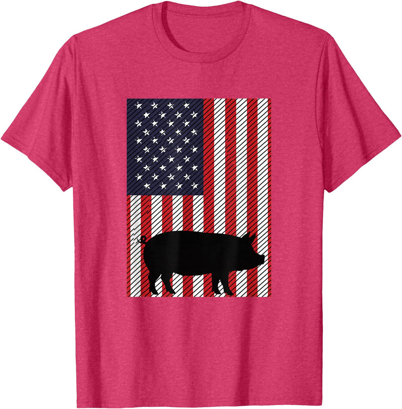 Farm Pig Patriotic United States Flag Kids Animal Patriotic Pig Silhouette American Flag Farm Kids Fourth T-Shirt - Red Heather