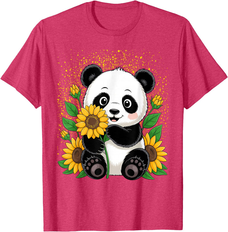 Panda Lover Gift Co. Panda Bear with Sunflowers, Panda Bear T-Shirt - Red Heather