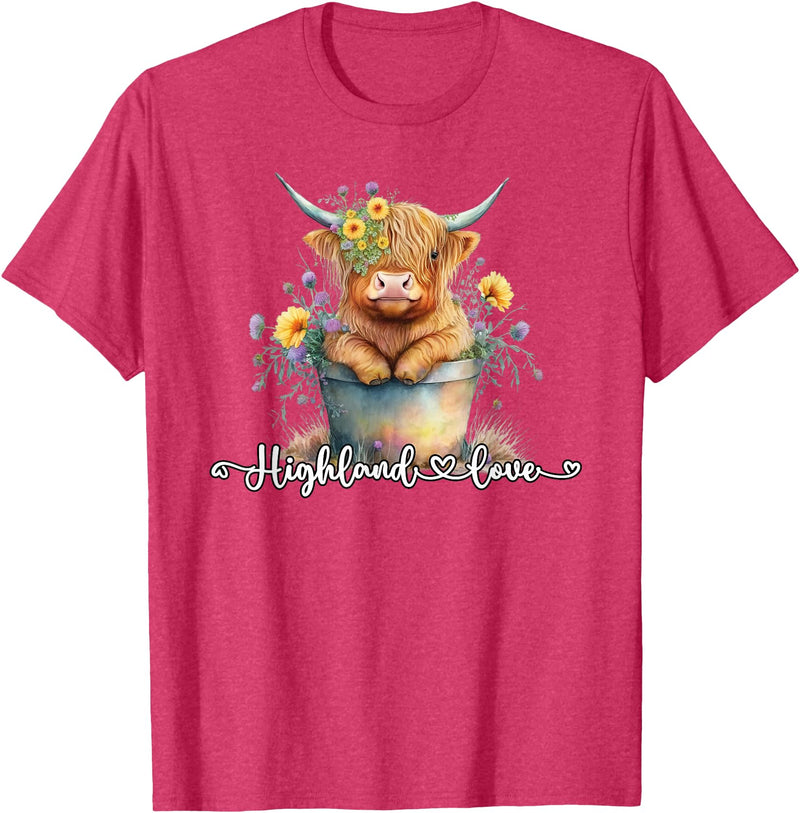 KAEDAM Gifts: Highland Cows Cute Baby Highland Cow Calf Love Spring Pastel Novelty T-Shirt - Red Heather