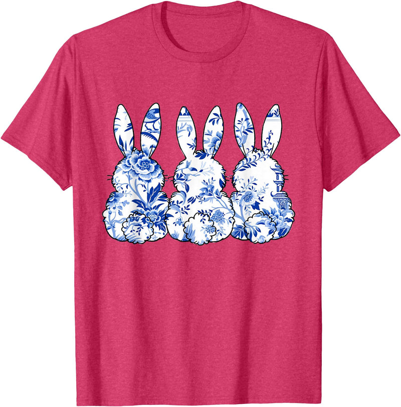 Chinoiserie Bunnies Blue and White Chinoiserie Florals Women T-Shirt in Red Heather