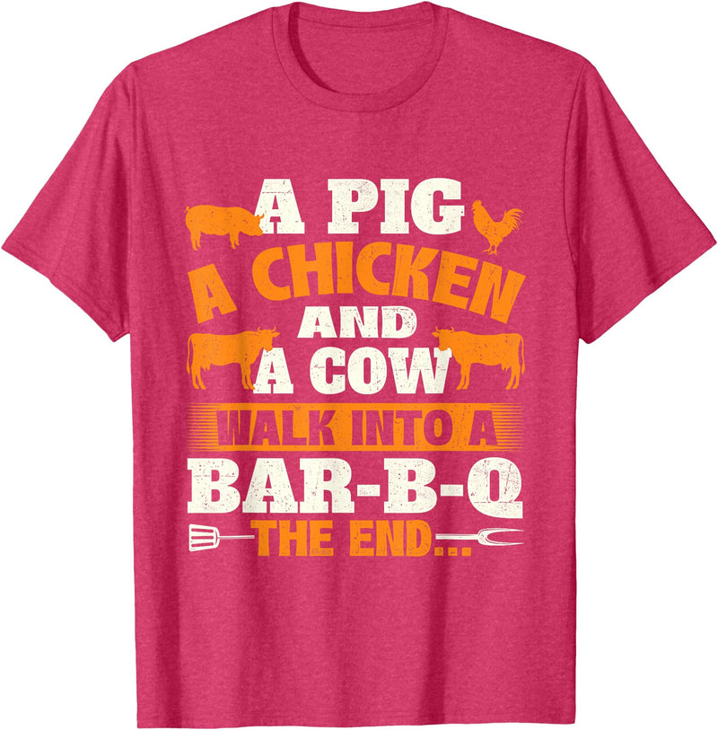 Funny BBQ Shirts A Pig A Chicken And A Cow - Grilling BBQ Lover Barbecue T-Shirt - Red Heather