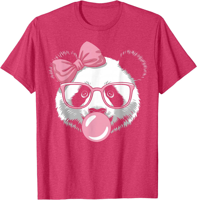 Panda Bear Bubblegum Panda Bear Wearing Glasses and Blowing Pink Bubble Gum T-Shirt - Red Heather