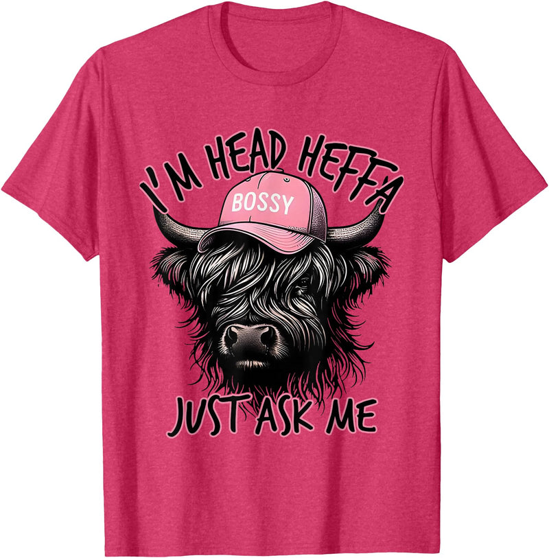 Cool Funny Gag Gifts Design Tee for Men Women I'm Head Heffa Just Ask Me Bossy Highland Cow Baseball Cap T-Shirt - Red