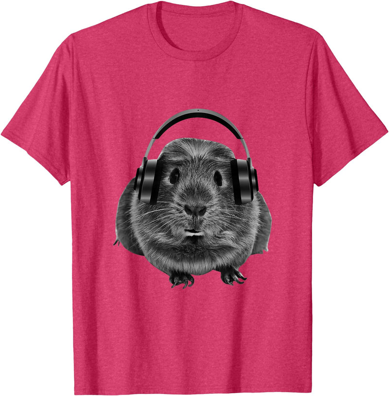 ROSS BOSS Funny Guinea Pig Graphic Tees Guinea Pig Shirt Headphones T-Shirt - Red Heather
