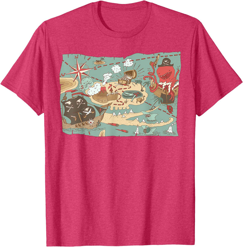 Mel & Bear Treasure Map Ship Sharks Pirates & Skulls Shirt Boys Kids T-Shirt - Red Heather