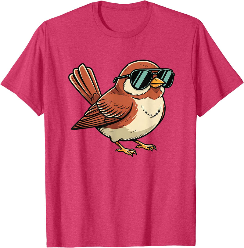 Chipper Feather Co Bird: Sparrow in Sunglasses, Cool Cartoon Avian Attitude T-Shirt - Red Heather