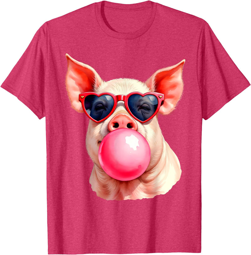 Pig Humor Designs Womens Pig Blowing Bubble Funny Pig T-Shirt - Red Heather