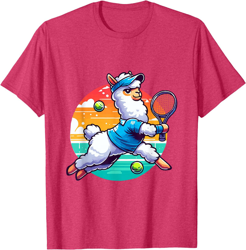 Funny Cute Animals Playing Tennis Apparel Llama Playing Tennis in Front of a Sunset T-Shirt - Red Heather