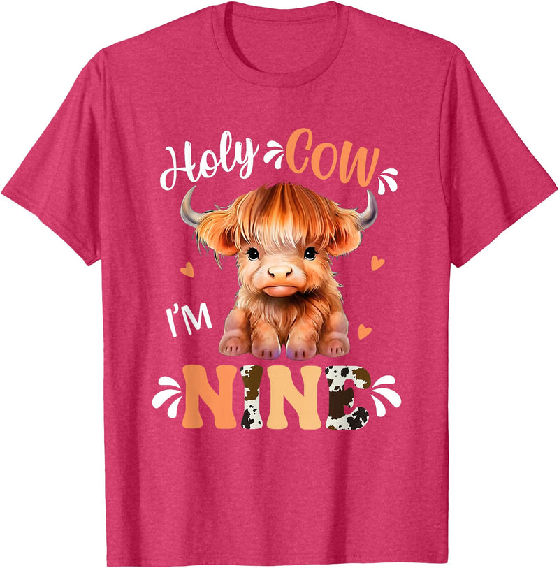 Highland Cow Print 9 Year Old Birthday Gift Holy Cow Im Nine Scottish Highland Cow Print 9th Birthday T-Shirt - Red Heather