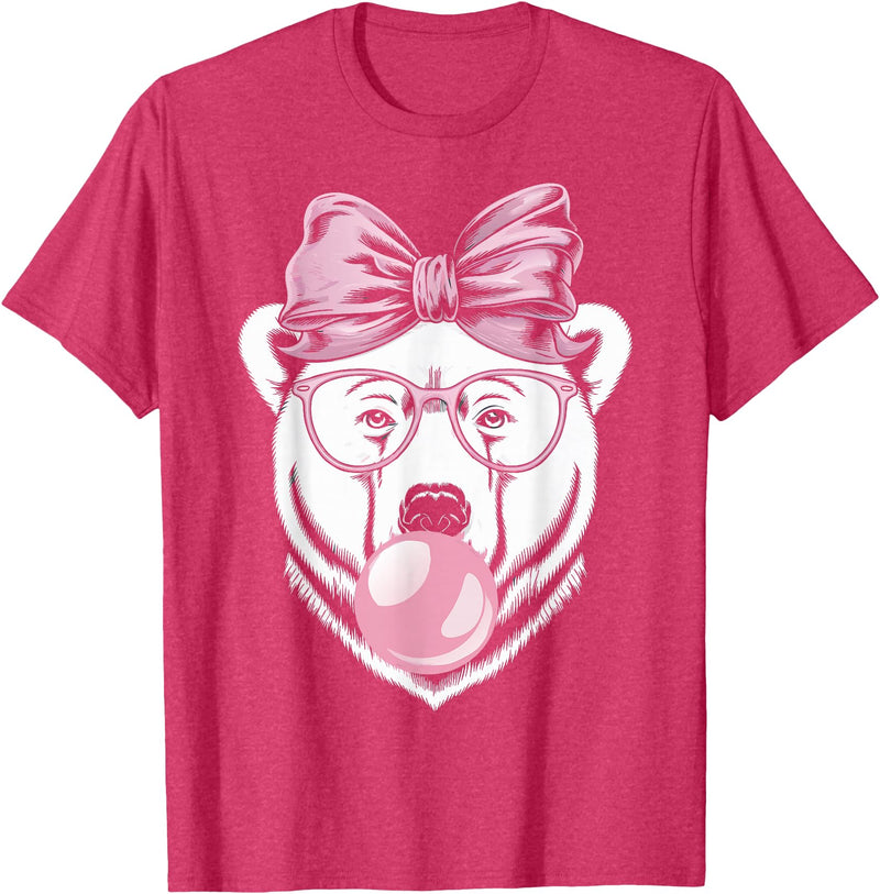 Polar Bear Bubblegum Polar Bear Wearing Glasses and Blowing Pink Bubble Gum T-Shirt - Red Heather